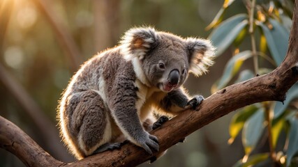 Fototapeta premium A koala perched on a branch amidst lush foliage, basking in warm sunlight.