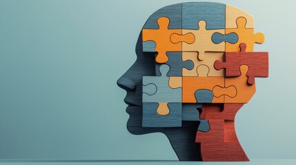Puzzle shaped head silhouette representing the complex interconnected nature of the human mind and the process of cognitive gaining new insights