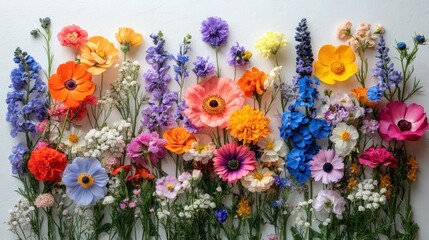 Vibrant colorful wildflowers arranged in a row on white background. (1)