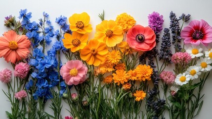 Obraz premium Vibrant colorful wildflowers arranged in a row on white background.
