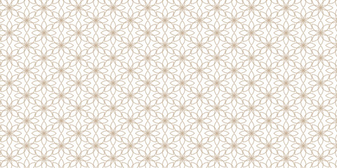 Geometric linear floral tile pattern. Wedding design with gold lines on white background. Seamless vector pattern of thin gold and white lines. Luxurious oriental art deco texture background.