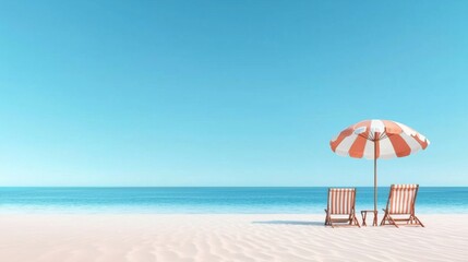 Tranquil beachfront setting with striped umbrella and lounge chairs on golden sand inviting visitors to relax and soak in the serene coastal atmosphere under a clear azure sky