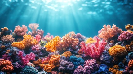Naklejka premium Vibrant coral reef underwater scene with sunbeams.