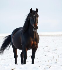 Fototapeta premium A majestic Frisian horse stands in a snowy field, its dark coat contrasting sharply with the white landscape, background, mammal