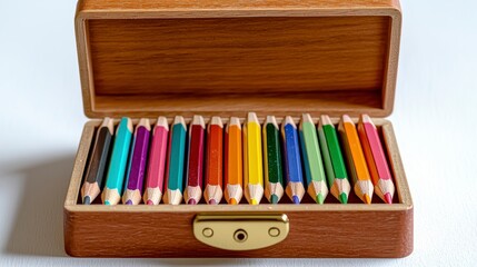 Naklejka premium Elegant wooden pencil box open with neatly arranged colored pencils in a beautifully crafted container display