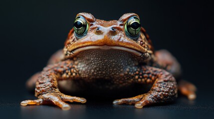Intriguing toad with piercing green eyes perched on a dark surface. A striking portrait of nature's detail