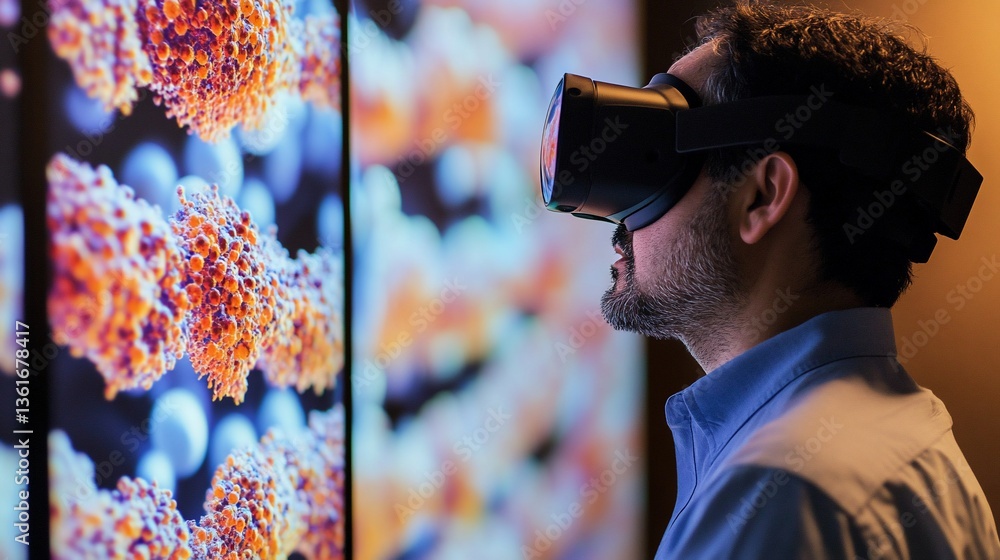 Poster man immersed in virtual reality viewing a microscopic world visualization