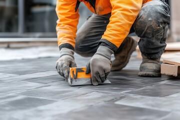 Construction worker kneeling and measuring floor tiles. building precision
