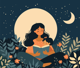 Mother and child reading a book together before bed. Mom and girl kid relax with fairytale book. Flat vector illustration isolated on blue background