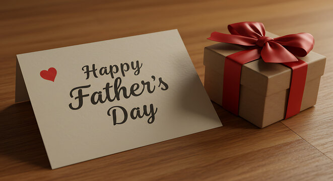 Happy Father's Day card and gift box on wooden table  