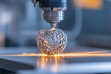 3D printed geometric sphere under laser head. prototyping and design