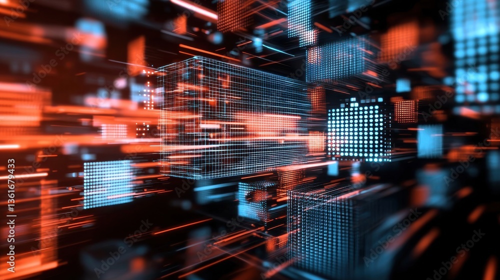 Poster futuristic digital cityscape with a technological grid and motion blur representing innovation progr