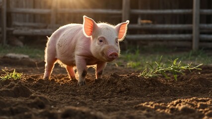 A cute piglet stands on soft earth, illuminated by warm sunlight in a farm setting.