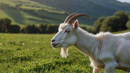 Fototapeta premium A close-up of a white goat in a lush green field with rolling hills in the background.