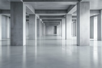 Fototapeta premium Empty concrete hall with multiple pillars and symmetry. architectural background