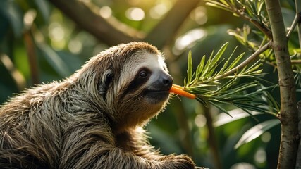 Fototapeta premium A sloth eating a leaf in a lush green environment.