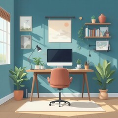 Remote work team dynamics concept. A serene home office featuring a wooden desk, modern computer, plants, and artwork against a calming blue wall.