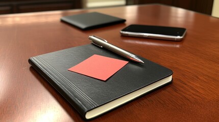 Office Desk with Notebook, Sticky Note, Pen, and Phones.  Possible Use Business meeting, conference, planning, or work concept