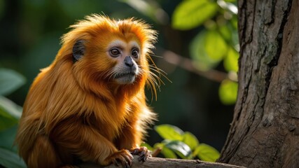 Fototapeta premium A golden lion tamarin perched on a tree branch surrounded by lush greenery.