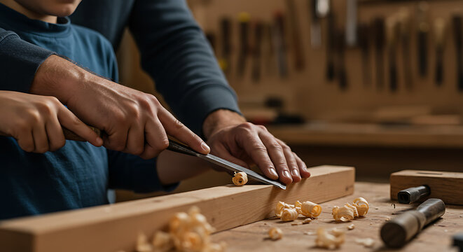 Father and child woodworking together in a workshop  