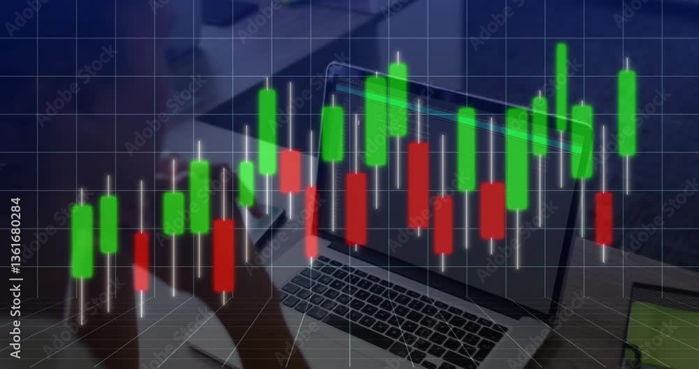 Poster candlestick chart animation over person using laptop in office setting