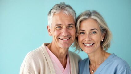 A cheerful elderly couple, smiling warmly and exuding wisdom and happiness. They stand together against a simple blue background, looking at the camera with a positive expression