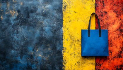 Blue tote bag on colorful background.