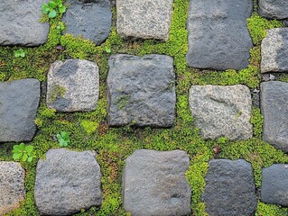 Cobblestone Pavement with Green Moss and Plants Texture Background