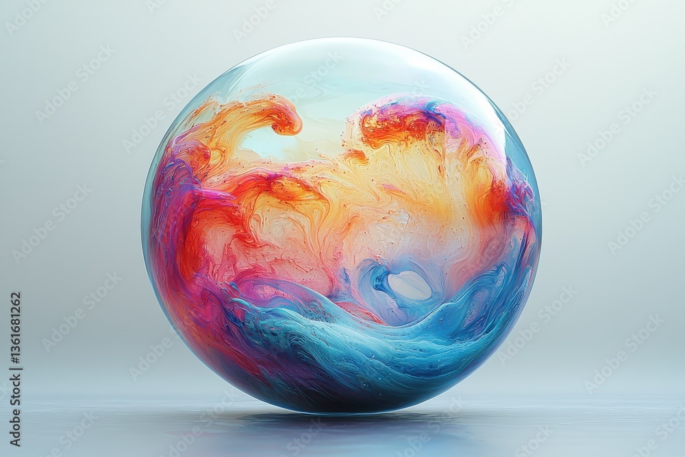 Poster Vibrant abstract sphere showcasing swirling patterns of color and light in a soft, tranquil setting