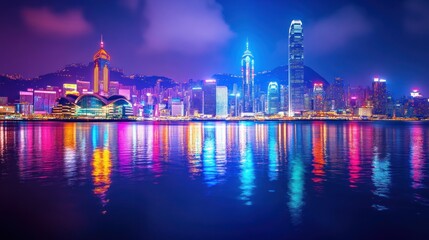 Naklejka premium Vibrant Hong Kong skyline at night, reflected in the calm waters.