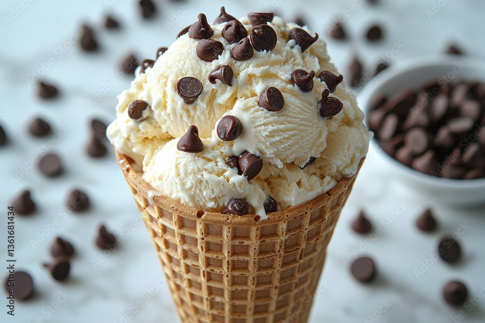 Poster delicious ice cream cone topped with chocolate chips enjoyed on a warm day in a cozy setting