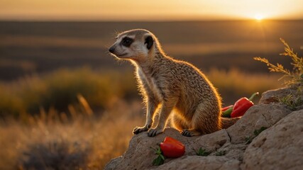 A meerkat perched on a rock at sunset, surrounded by red peppers.
