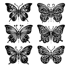Fototapeta premium series of six butterfly silhouettes in black and white