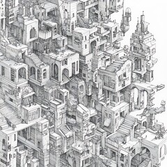 A pencil drawing of an intricate cityscape made up entirely of tiny buildings