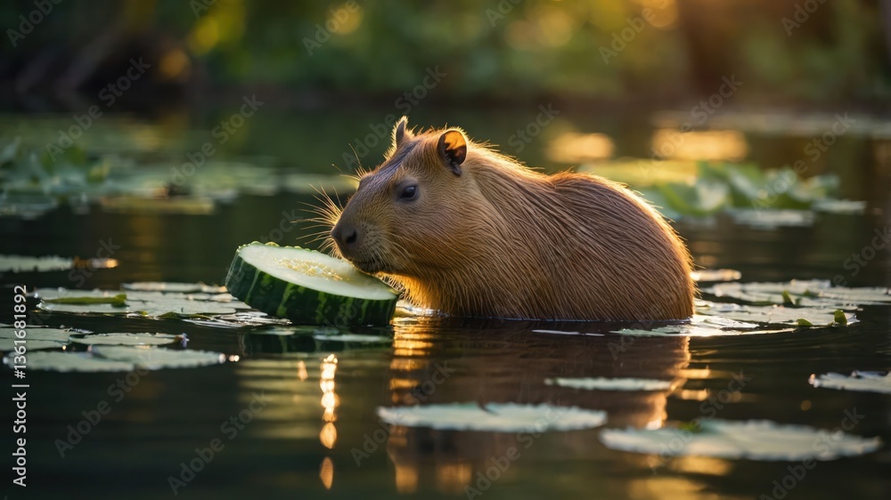 Poster a capybara enjoying a slice of cucumber in a serene water setting surrounded by lily pads.