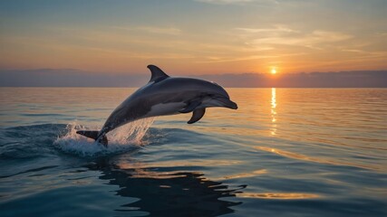 Obraz premium A dolphin leaps from the water at sunset, creating a serene and vibrant ocean scene.