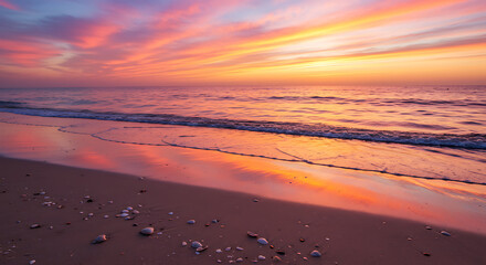 Vibrant sunset over tranquil beach with gentle waves  