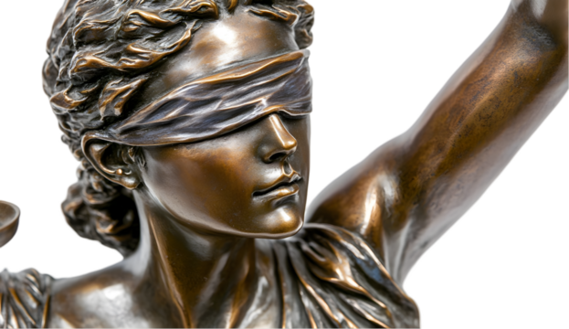 Lady justice bronze statue with a blindfold holding aloft scales of justice