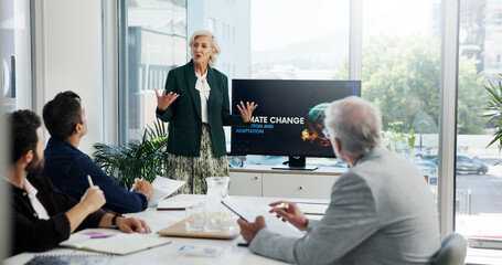 Climate change, meeting and presentation with business people in office boardroom for going green...