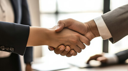 A diverse team of professionals shakes hands in a modern conference room, celebrating a business deal, with well-balanced lighting highlighting their expressions and the moment of success.