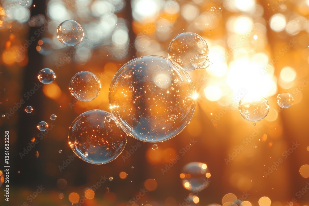 Poster bubbles floating in a sunlit forest with warm autumn colors reflecting through the delicate surfaces