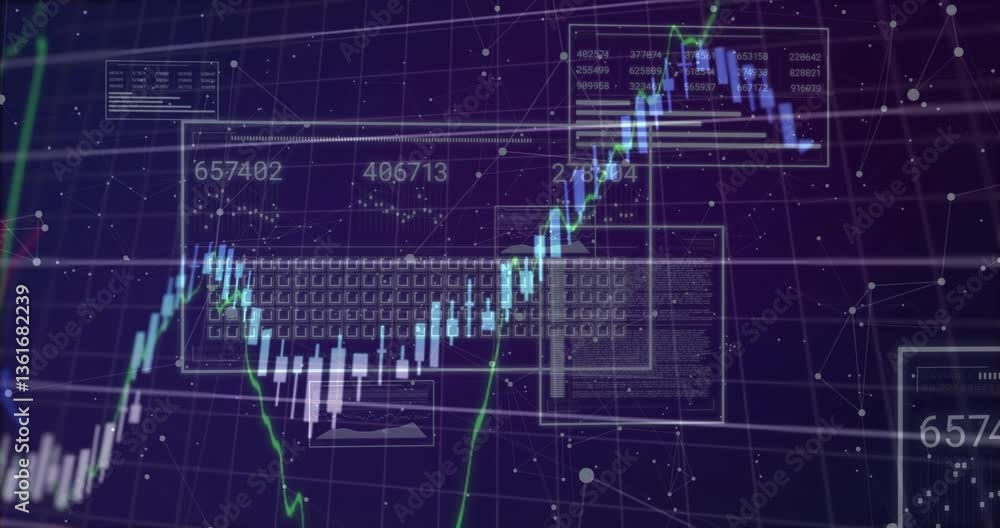 Poster financial data processing animation with fluctuating graphs and numerical data