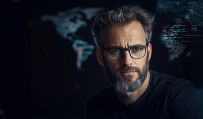 A cybersecurity expert analyzes data on holographic screens in a dimly lit control room, neon lights reflecting, symbolizing digital defense.