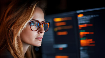 A cybersecurity expert in a dimly lit high-tech control room, analyzing data on multiple holographic screens