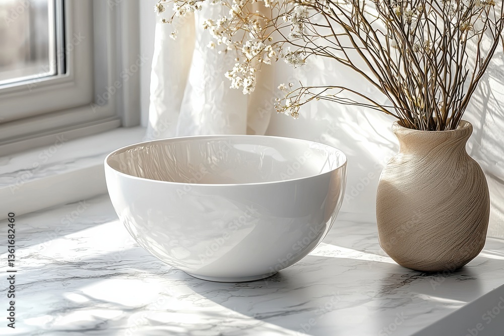 Poster elegant white bowl and vase with dried flowers on marble table near window in bright setting