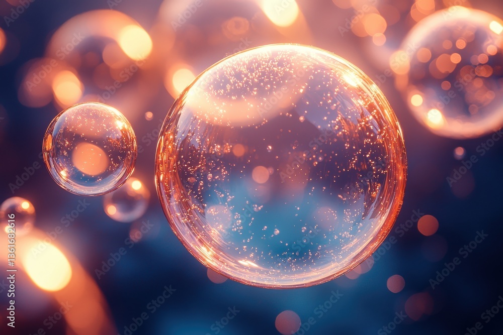 Poster colorful bubbles floating in a dreamy atmosphere with shimmering light reflections and depth