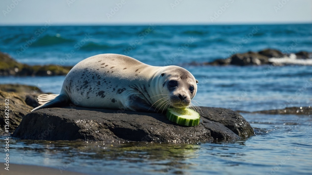 Poster a seal resting on a rock by the ocean, playfully nibbling on a slice of cucumber.