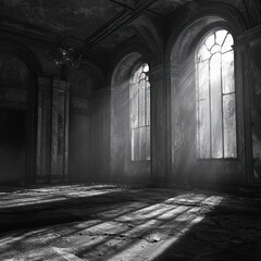 Obraz premium Grand decaying room with sunlight streaming through arched windows