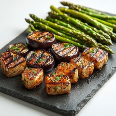 A beautiful plate of freshly grilled eggplant and asparagus served on a slate platter for a healthy meal