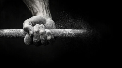 A weightlifter’s chalk-covered hands grip a barbell tightly, with fine chalk dust floating in the air, dramatic gym lighting, and dark negative space for text placement.